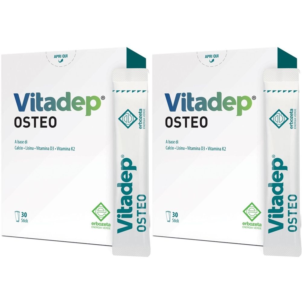 Due confezioni di Vitadep Osteo. Ogni confezione contiene 30 stick. Scritta: Vitadep Osteo, con calcio, vitamina D3 e K2.