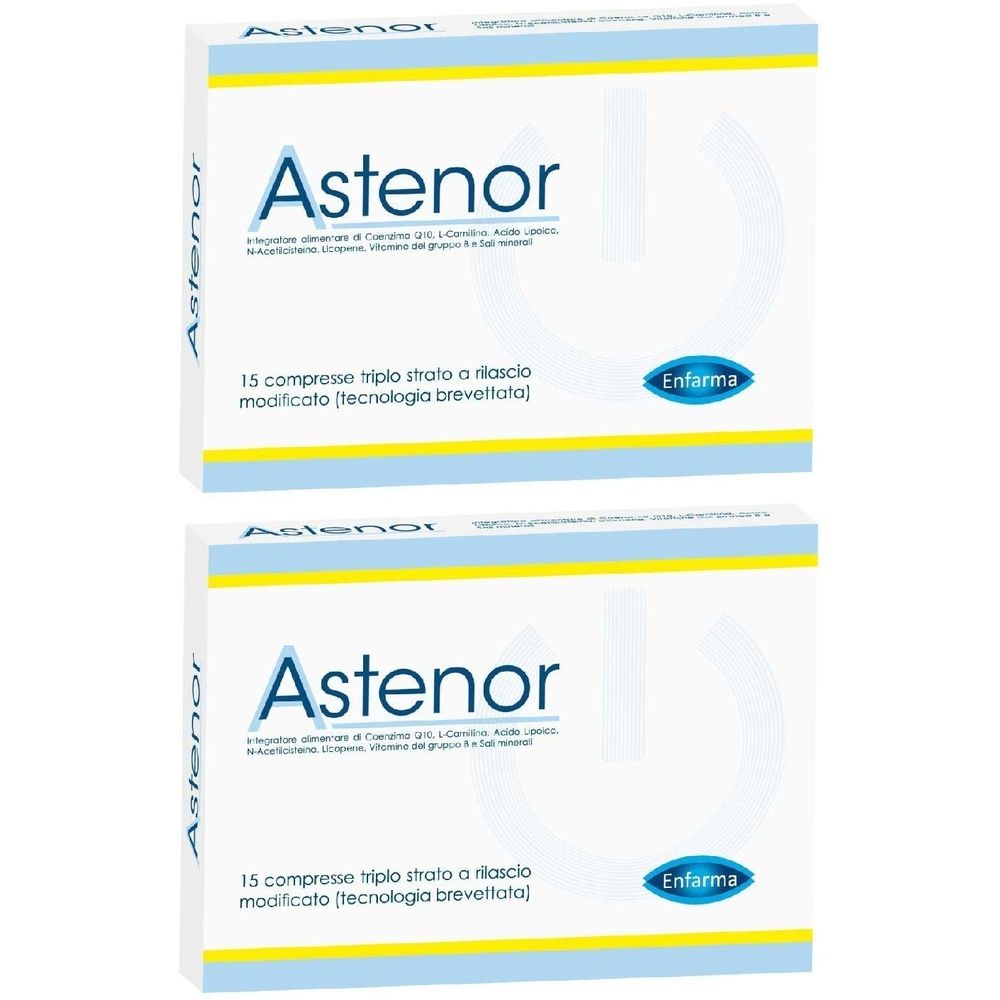 Due confezioni di Astenor. Ogni scatola riporta "15 compresse triplo strato a rilascio modificato". È visibile il logo Enfarma.