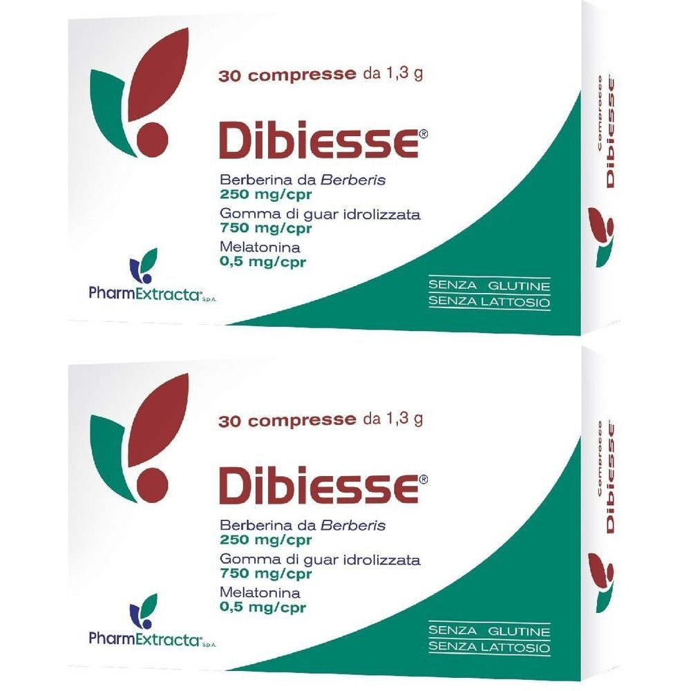 Due confezioni di Dibiesse. Scritta: 30 compresse, ingredienti. Senza glutine e lattosio. Marchio PharmExtractor.