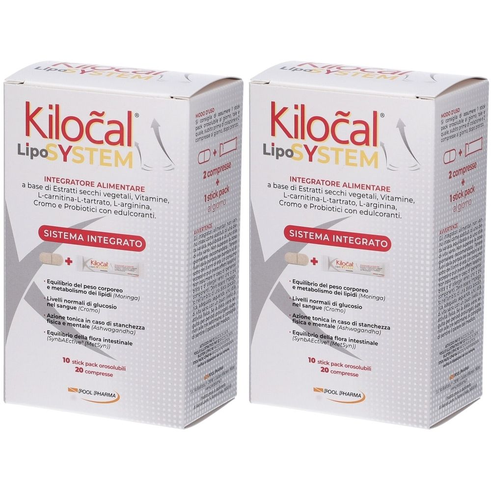 Due scatole Kilocal Lipo System. Scritta: Integratore Alimentare. Contiene compresse e altri ingredienti.