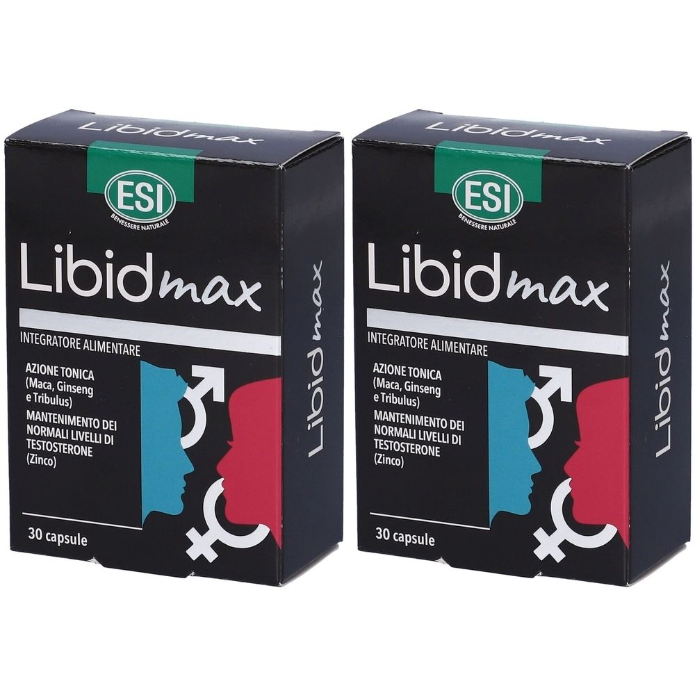 Due scatole nere con Libidmax ed ESI. Scritta: Integratore Alimentare, 30 capsule. Rappresentazione di volti.