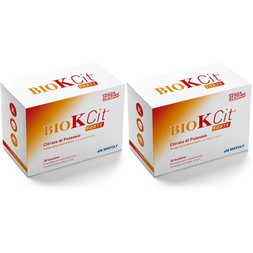 Due scatole bianche con stampa arancione. Scritta: BIOKCit Forte, Citrato di Potassio, Senza Glutine. Marchio: MAYOLY.