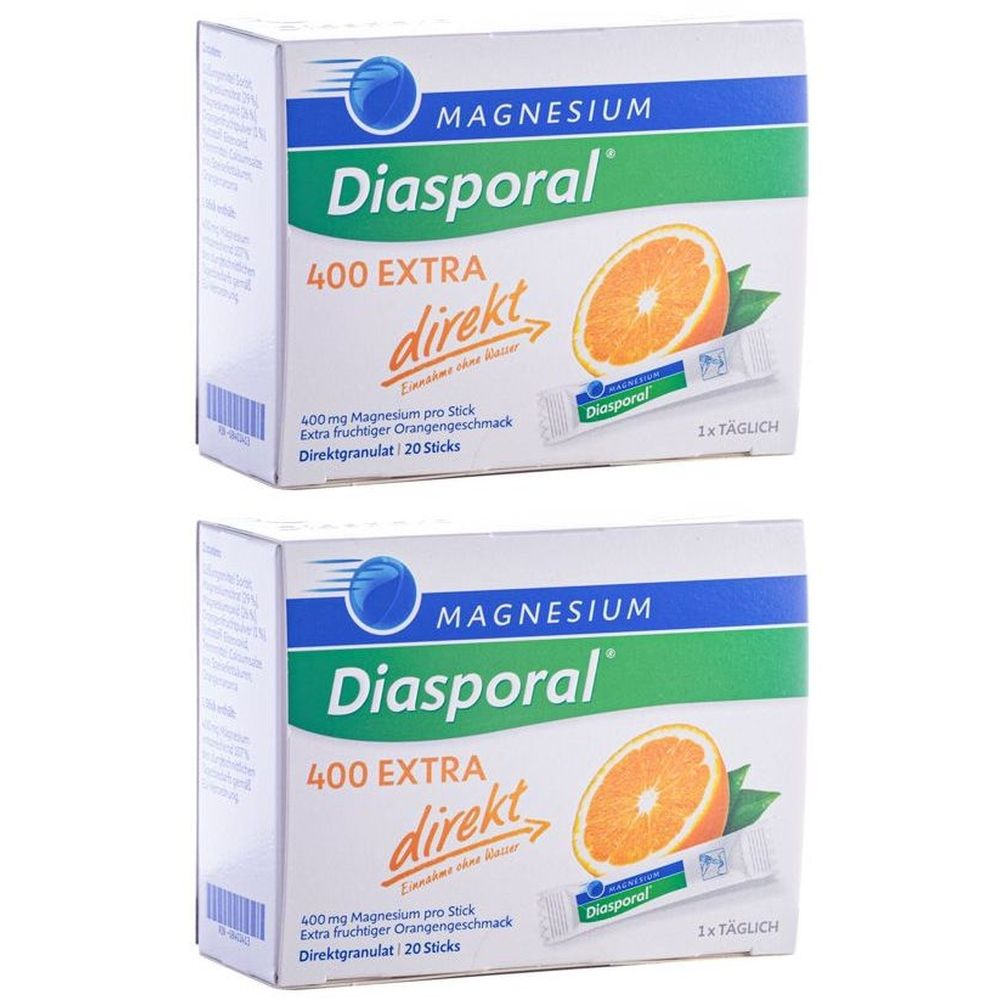 Due scatole di Magnesium Diasporal. Scritto: 400 EXTRA direkt, immagine arancia, 20 stick. Confezione blu, verde e bianca.