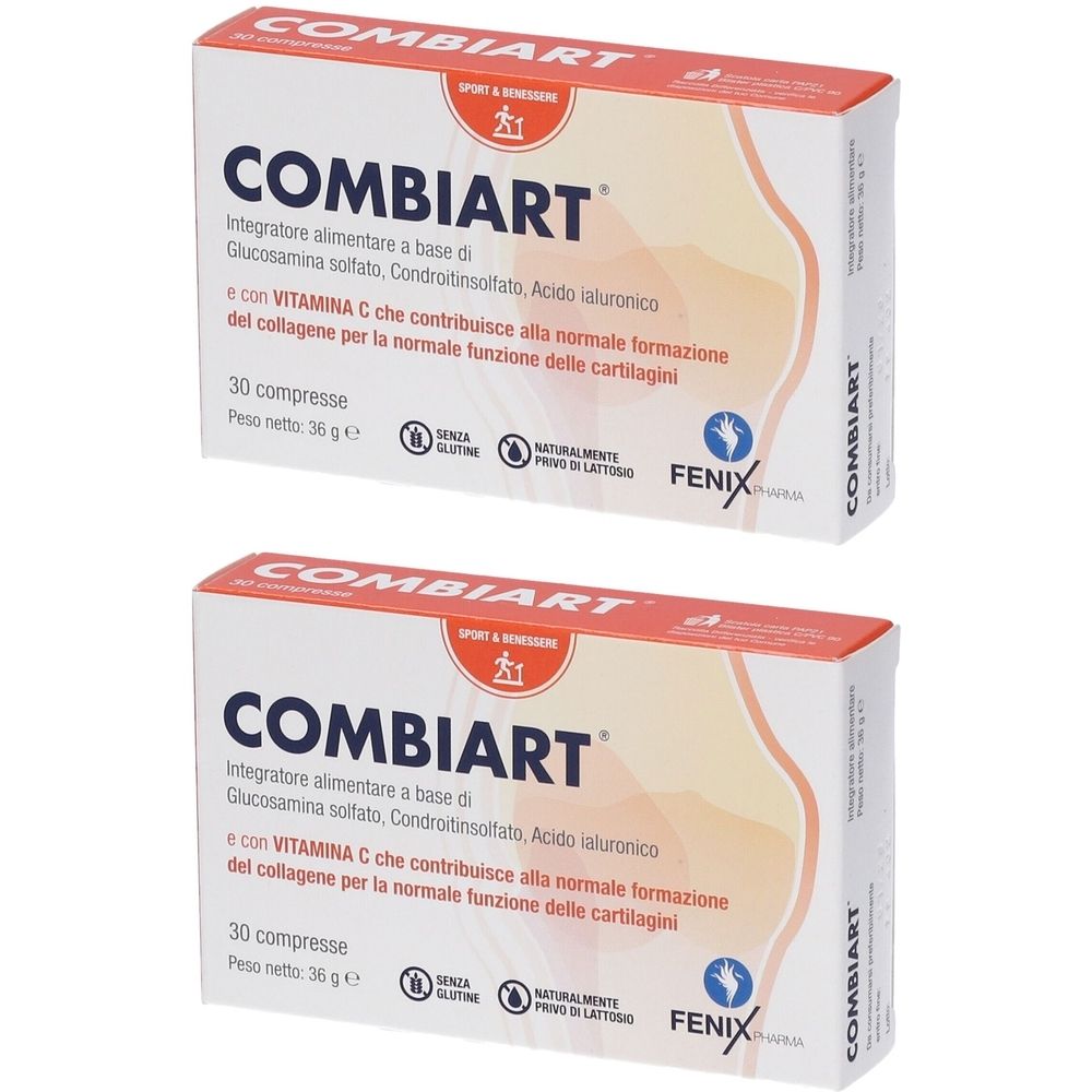 Due scatole di COMBIART. Scritta: Integratore alimentare, 30 compresse, 36 g. Contiene glucosamina, condroitina, acido ialuronico e vitamina C.