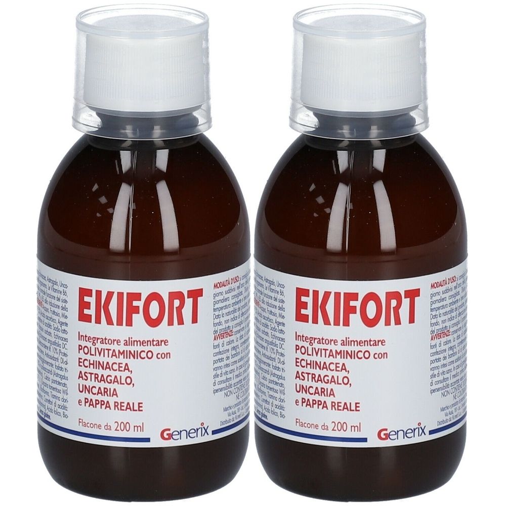Due flaconi di EKIFORT. Liquido marrone in bottiglie di vetro con tappi bianchi. Etichette con informazioni e marchio Generix.