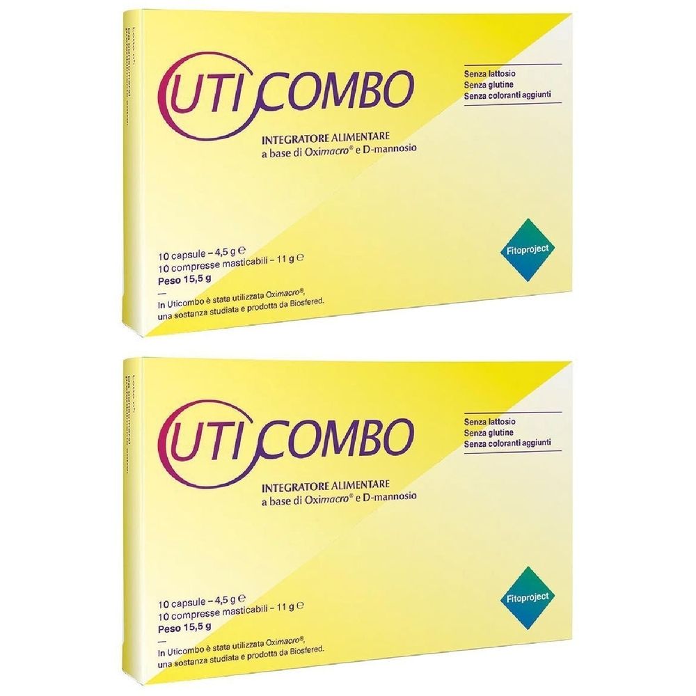 Due scatole gialle con la scritta "UTI COMBO". Contiene 10 capsule e 10 compresse masticabili. Scritta: "Integratore alimentare".