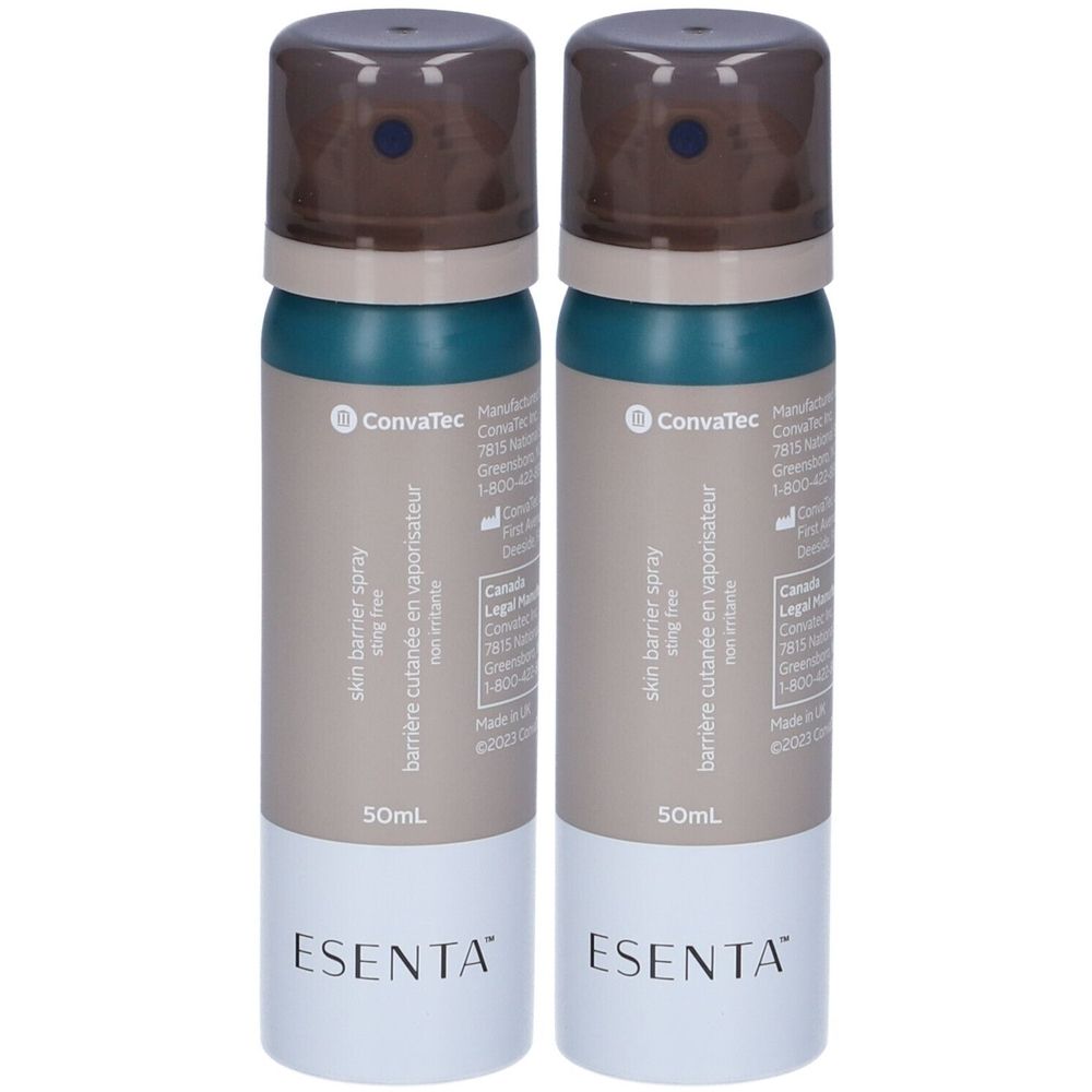 Due flaconi spray. Contenitore verde-beige con coperchio marrone. Scritta: ESENTA, ConvaTec, Skin barrier spray, 50ml.