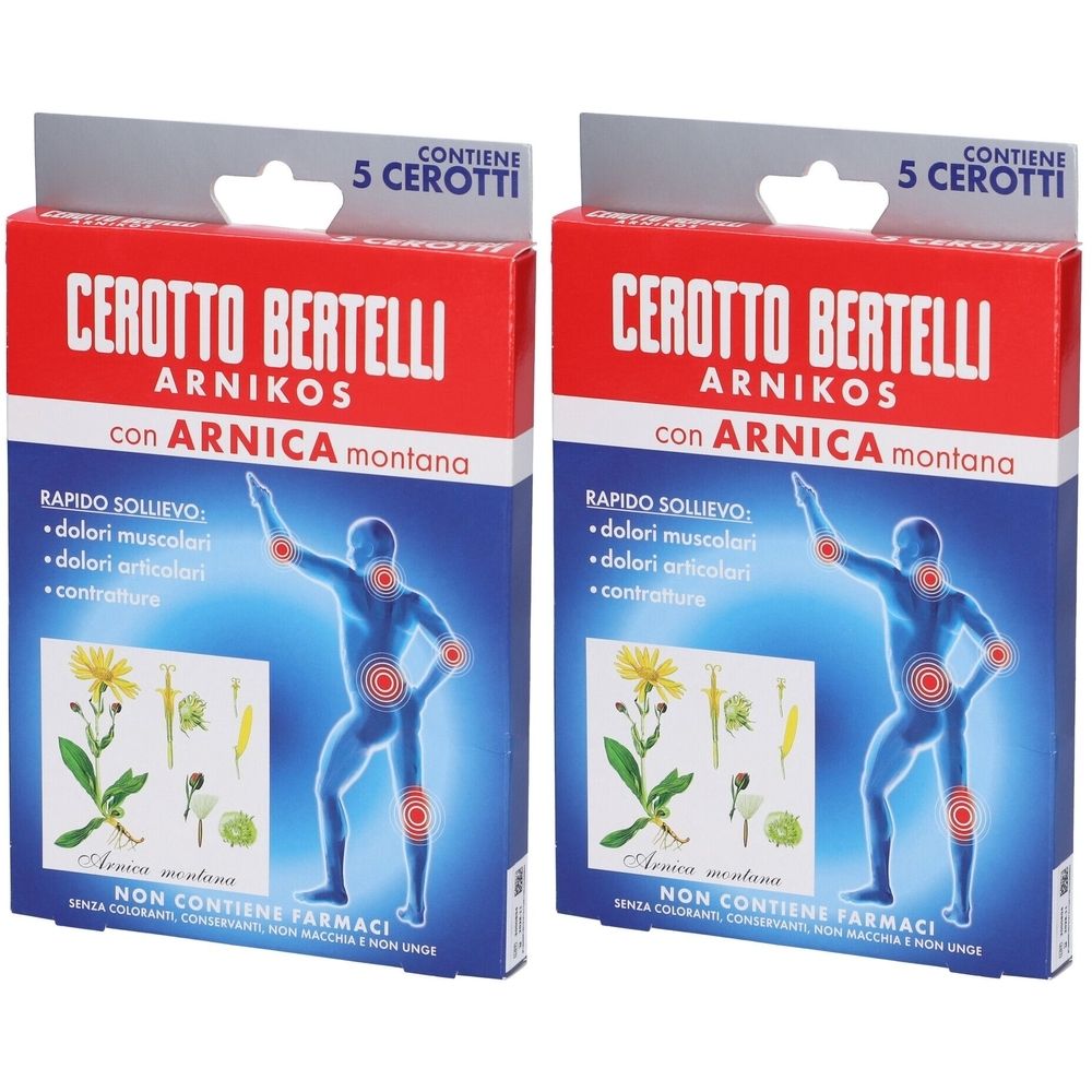 Due scatole di Cerotto Bertelli Arnikos. Confezione rossa e bianca con nome del prodotto e informazioni. Contiene 5 cerotti.