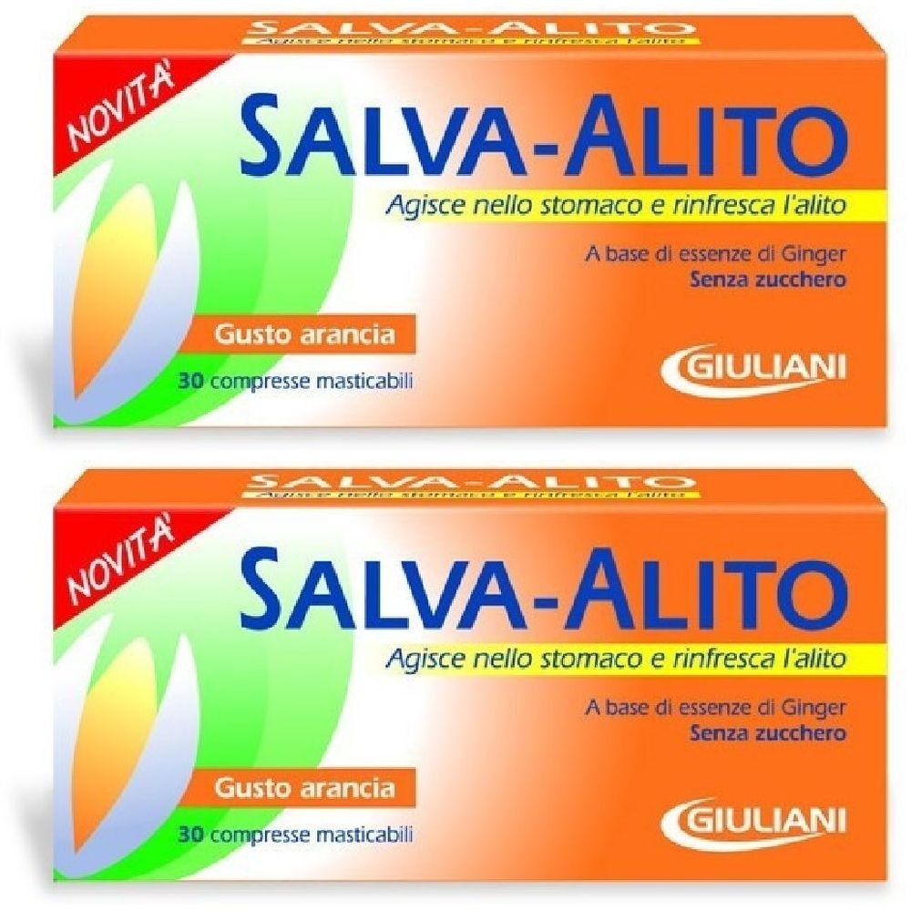 Due confezioni arancioni con SALVA-ALITO. Testo: Agisce nello stomaco e rinfresca l'alito. Marchio: Giuliani. Gusto: Arancia. 30 compresse.