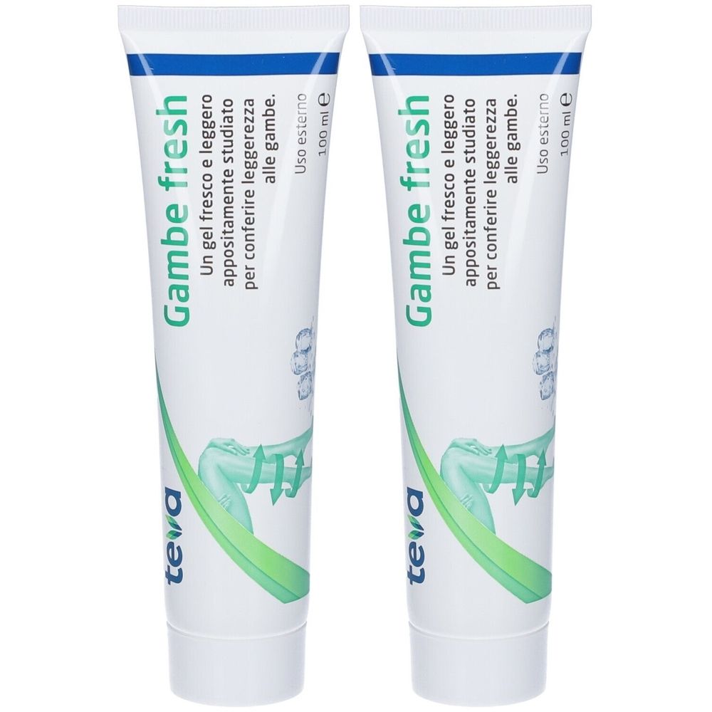 Due tubi di Gambe fresh. Tubi bianchi con scritte verdi e blu. Marchio Teva. Testo: Un gel fresco e leggero.