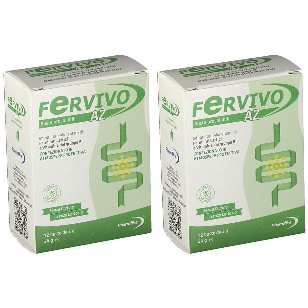 Due confezioni di Fervivo AZ, ciascuna con 12 bustine. Senza glutine e lattosio.