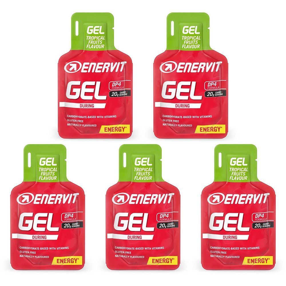 Cinque gel ENERVIT Sport gusto frutta tropicale, confezionati singolarmente.