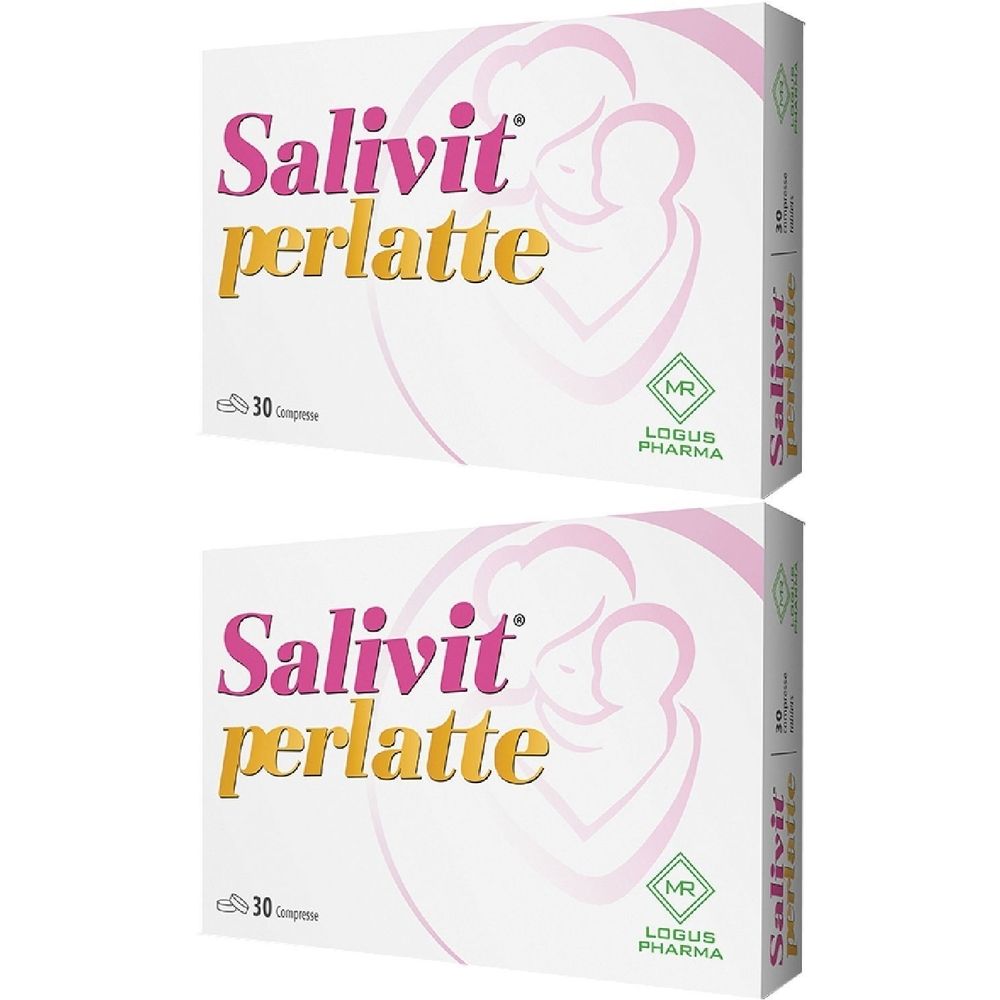 Due confezioni di Salivit perlatte. Scritta Salivit perlatte. Logo madre e bambino. 30 Compresse.
