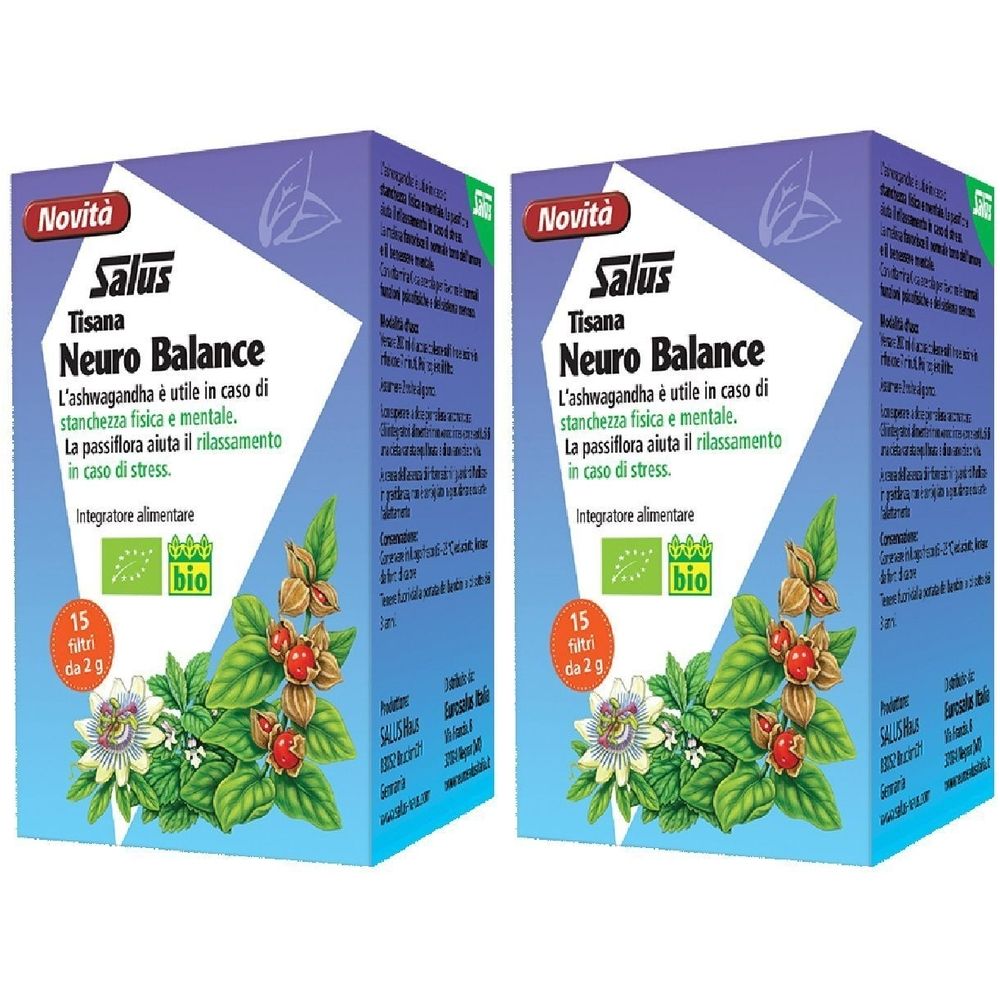 Due confezioni di Salus Tisana Neuro Balance. Scritta: L'ashwagandha è utile in caso di stanchezza fisica e mentale. Certificazione bio.
