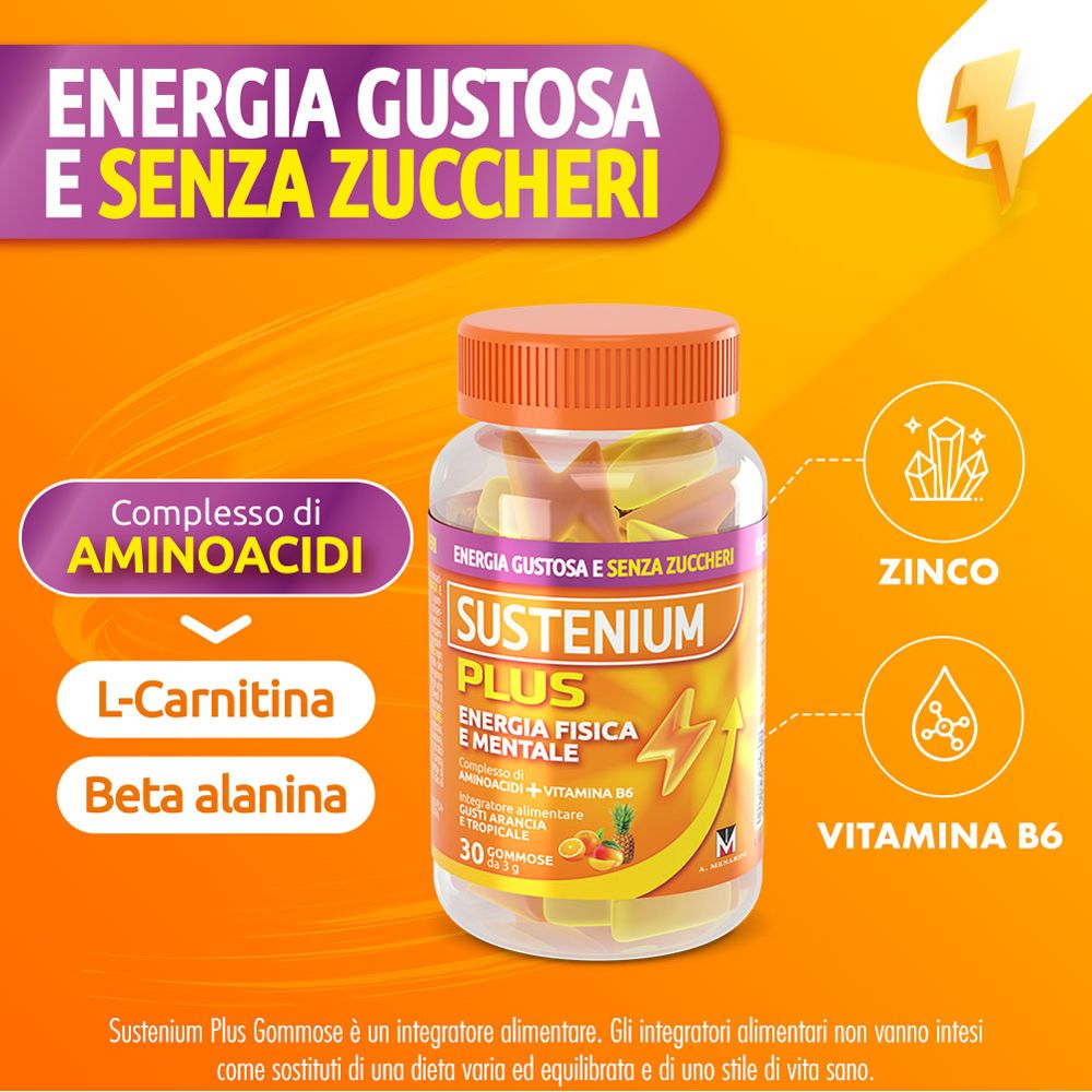 Flacone Sustenium Plus con 30 caramelle gommose. Contiene aminoacidi, vitamina B6. Tappo arancione. Sfondo arancione.