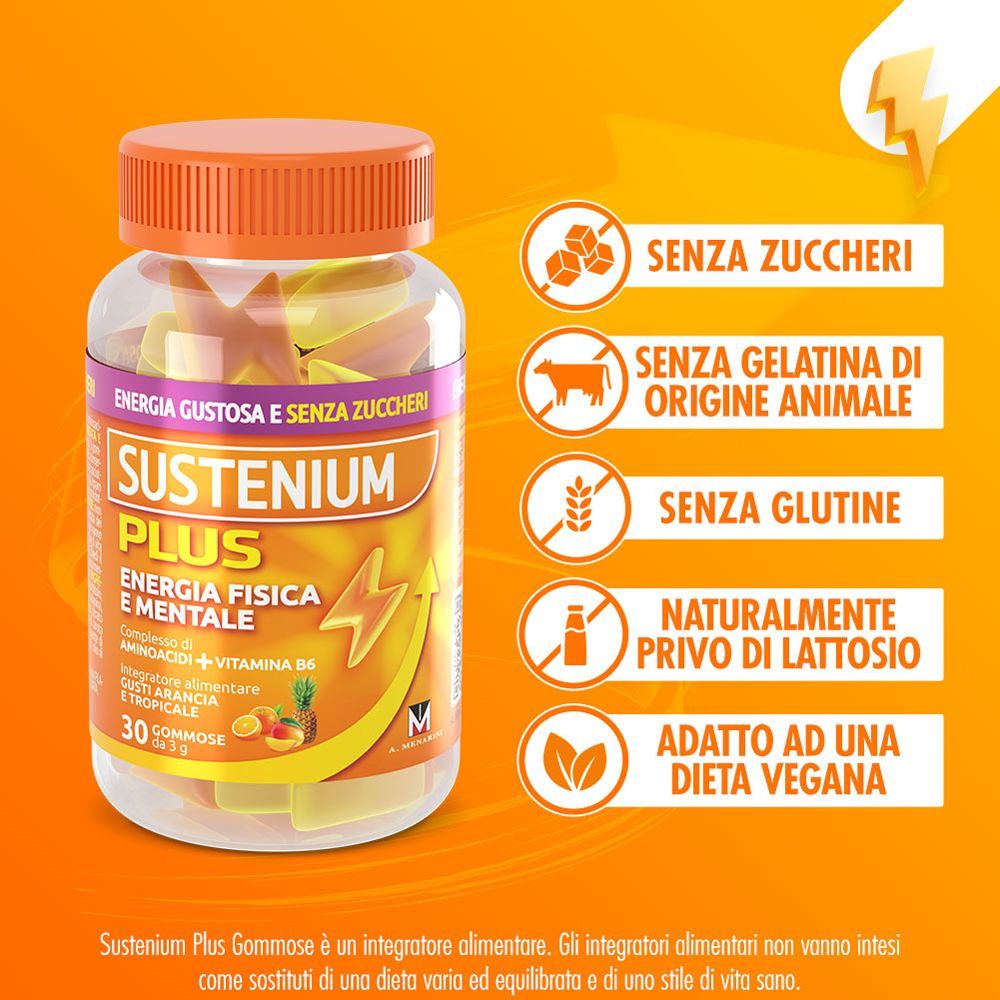 Flacone Sustenium Plus con 30 caramelle gommose. Senza zucchero, gelatina, glutine, lattosio. Vegano. Sfondo arancione.