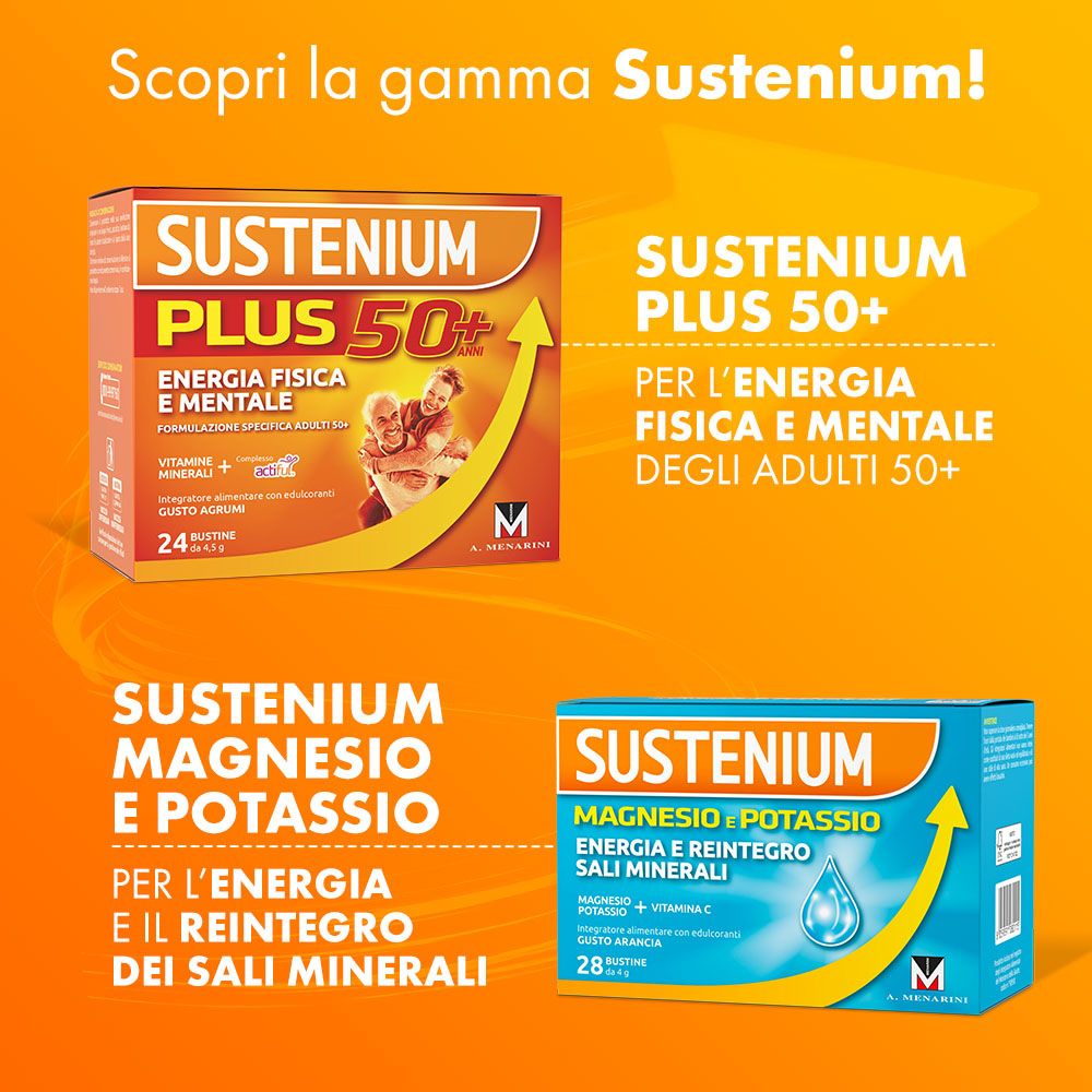Sustenium Plus 50+ e Sustenium Magnesio + Potassio. Confezioni. Sfondo arancione.