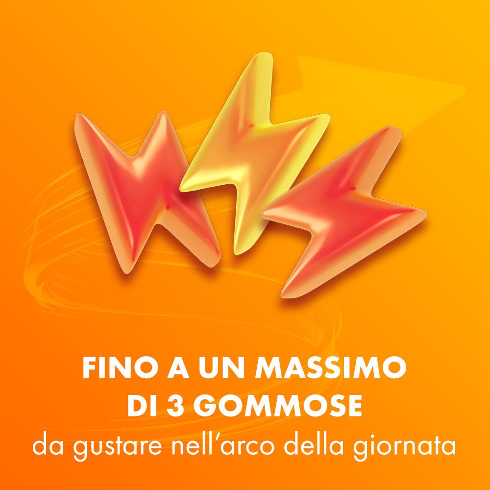 Tre simboli di fulmine. Testo: Fino a 3 caramelle gommose al giorno. Sfondo arancione.