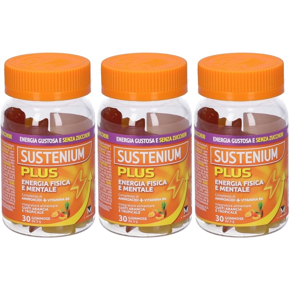 Tre flaconi Sustenium Plus. 30 caramelle gommose per flacone. Tappi arancioni.