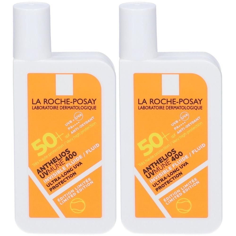 Due flaconi di La Roche-Posay Anthelios UVMUNE 400. Contenitori bianchi con etichetta arancione. Testo: 50+, Anthelios, UVMUNE 400, Edition Limitée.