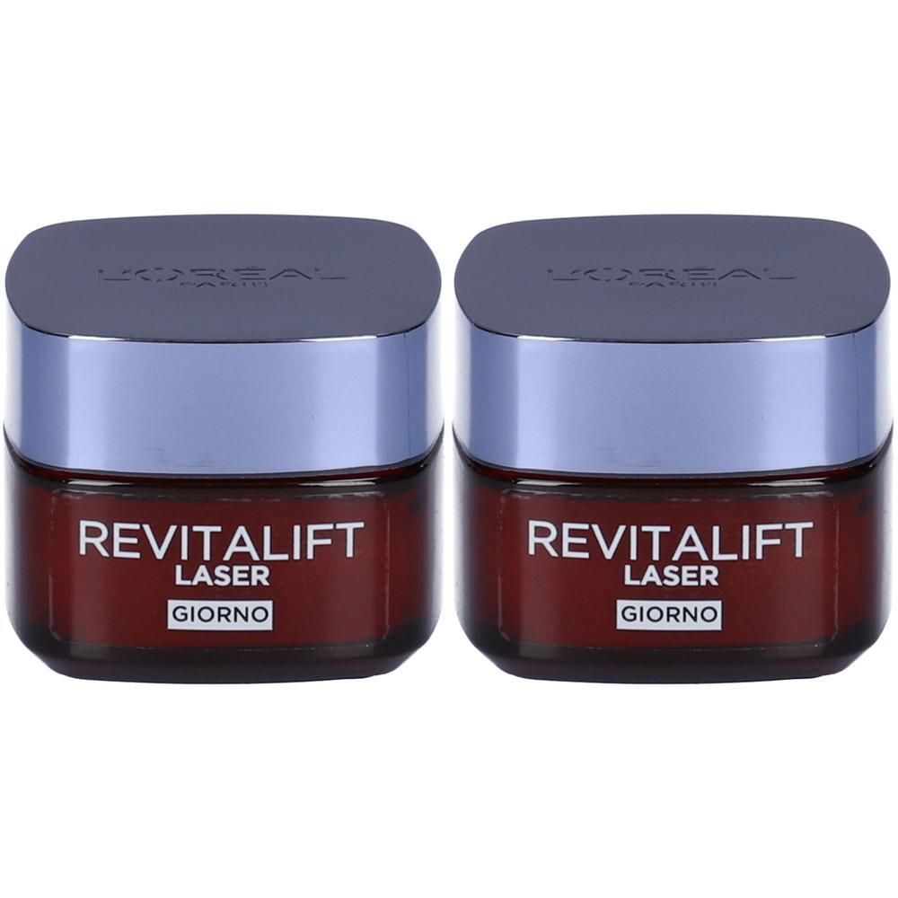 Due vasetti L'Oréal Paris Revitalift Laser Giorno. Vasetti marroni con coperchi argentati. Scritta: Revitalift Laser Giorno.