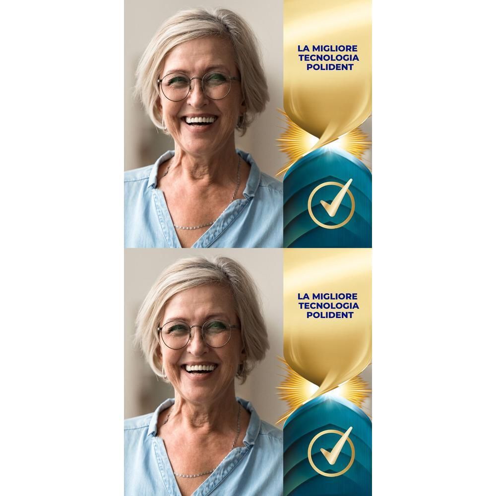 Due donne sorridono. Testo: La migliore tecnologia Polident. Sfondo oro e blu con un segno di spunta.
