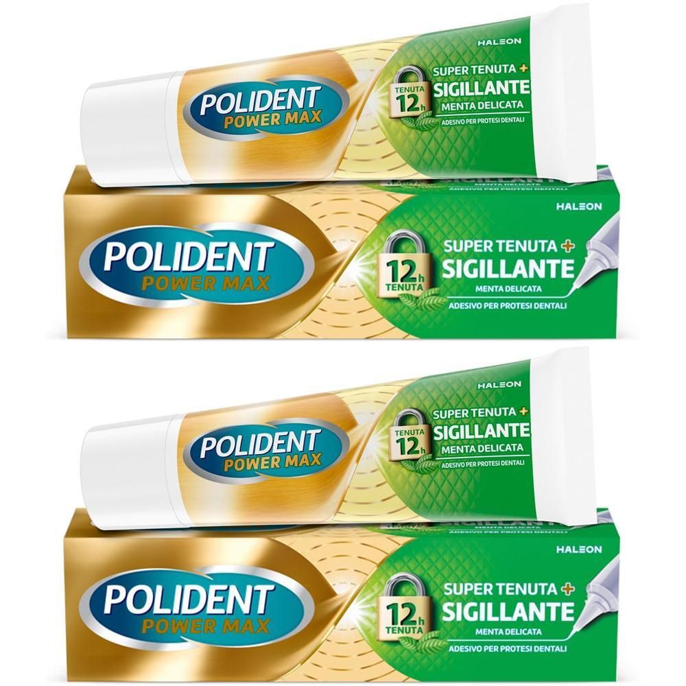 Due tubi e scatole. Scritta: POLIDENT POWER MAX, SUPER TENUTA + SIGILLANTE, MENTA DELICATA. Confezione verde e oro.