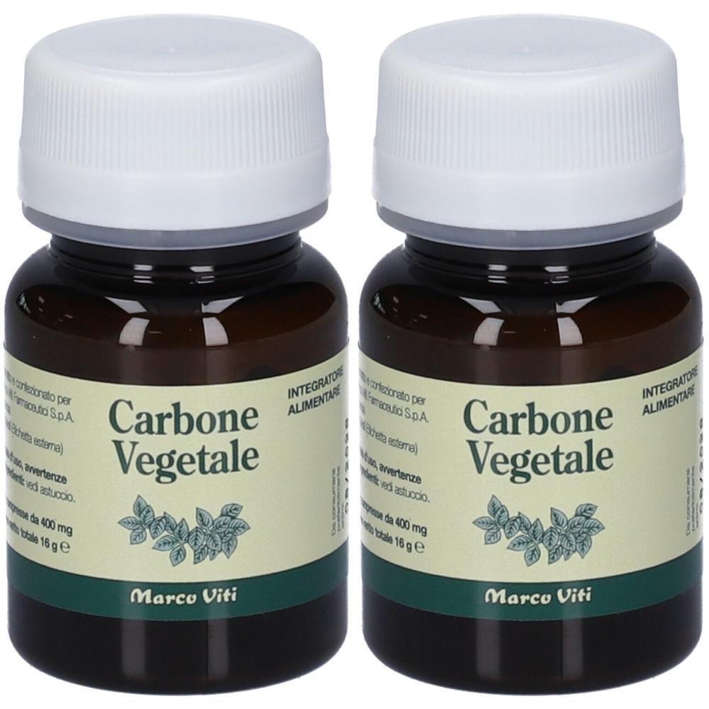 Due flaconi di Carbone Vegetale Marco Viti, vetro marrone, tappo bianco.