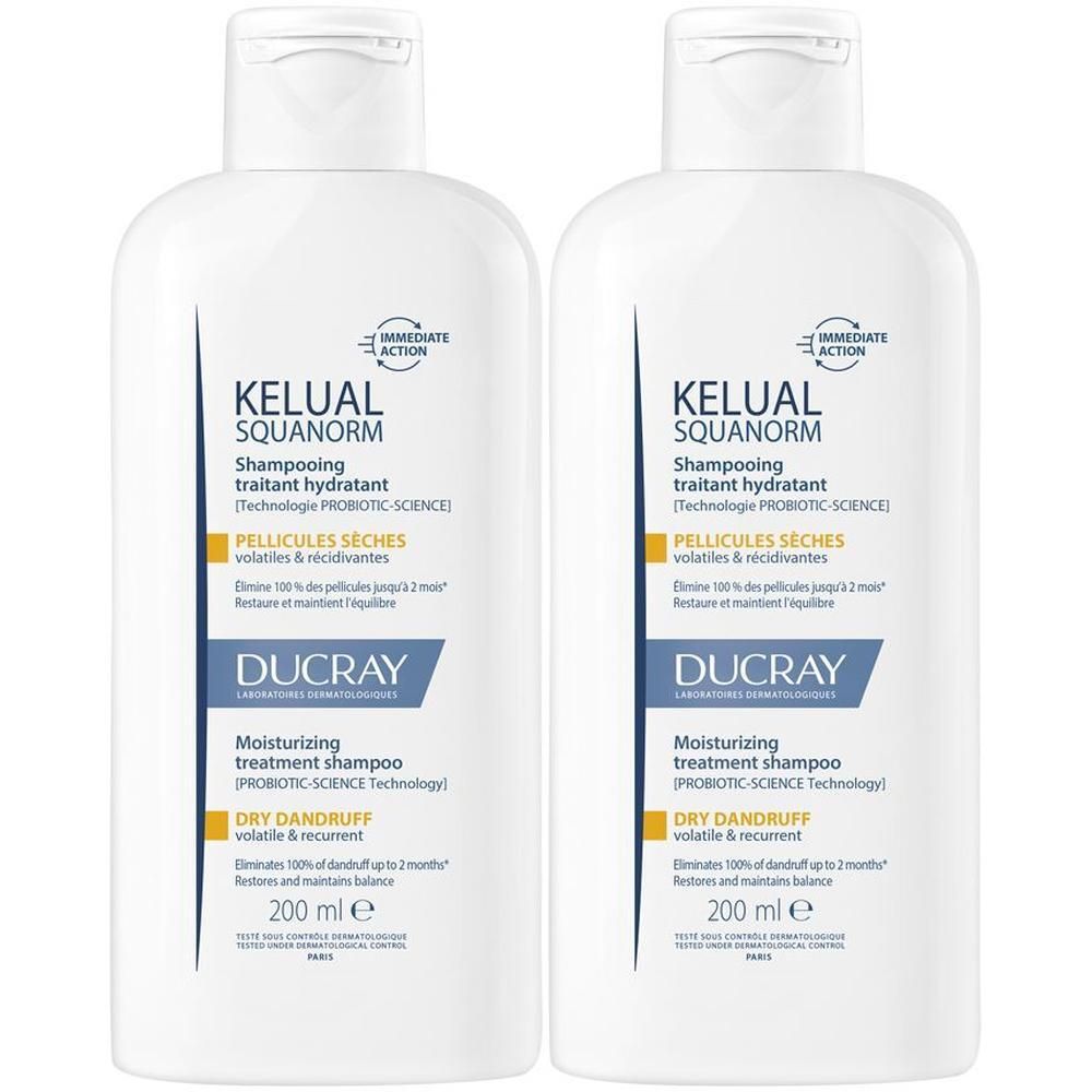Ducray Kelual Squanorm Shampoo Antiforfora Trattante Idratante Forfora Secca 200ml, Elimina 100% della forfora, Azione anti-ricomparsa, Cuoio capelluto secco
