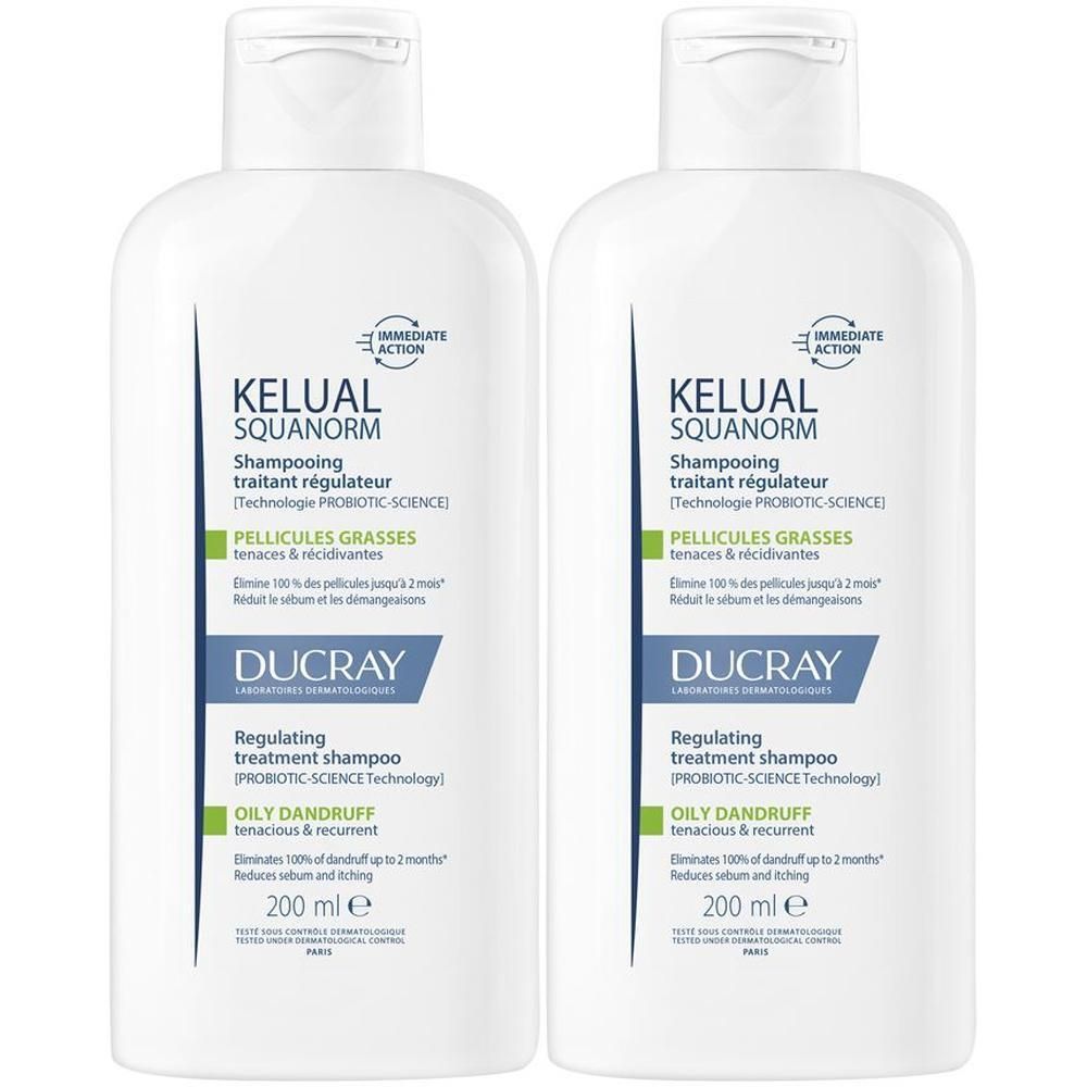 Ducray Kelual Squanorm Shampoo Antiforfora Trattante Regolatore Forfora Grassa 200ml, Elimina 100% della forfora Azione anti-ricomparsa, Cuoio capelluto grasso