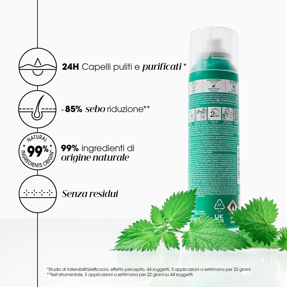 Klorane  Shampoo secco all'ortica e Vitamina E 150ml  - Capelli grassi, scuri, purificante - risparmia il 10% con il codice: pfabre10
