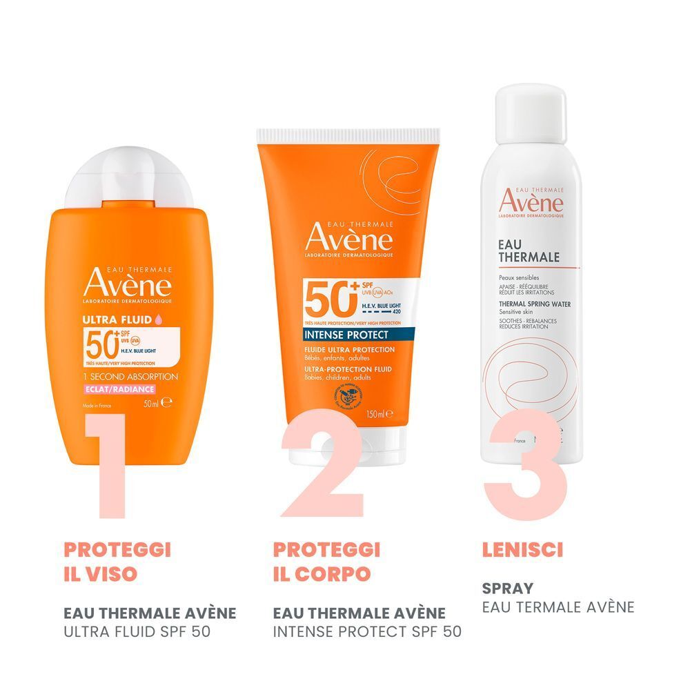 Protezione solare Avène: Ultra Fluido SPF 50 (200ml), Intense Protect SPF 50 (150ml) e Spray Acqua Termale.