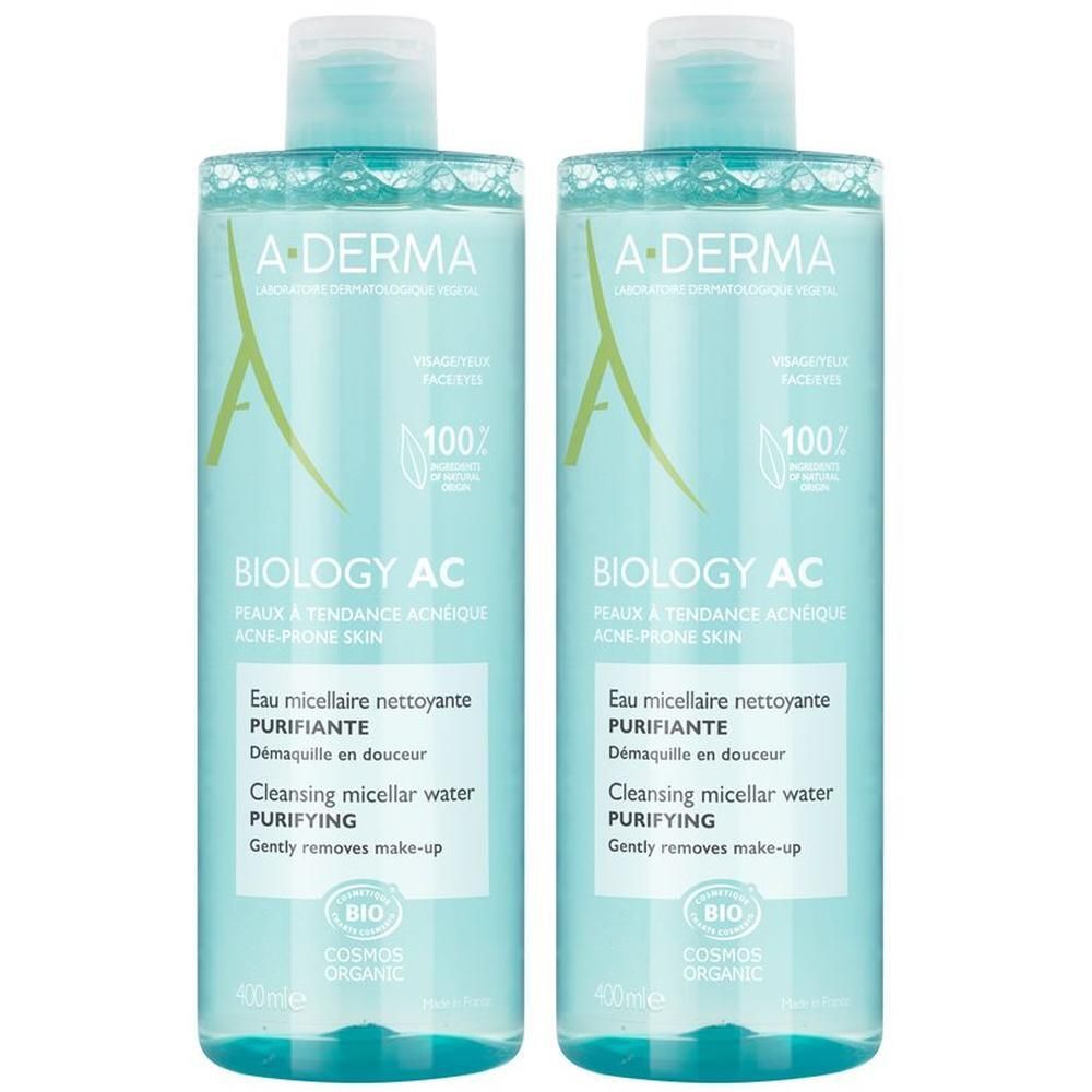 A-Derma Biology AC Acqua micellare detergente 400ml - Pelle grassa a tendenza acneica, Rimuove il trucco, deterge e restringe i pori