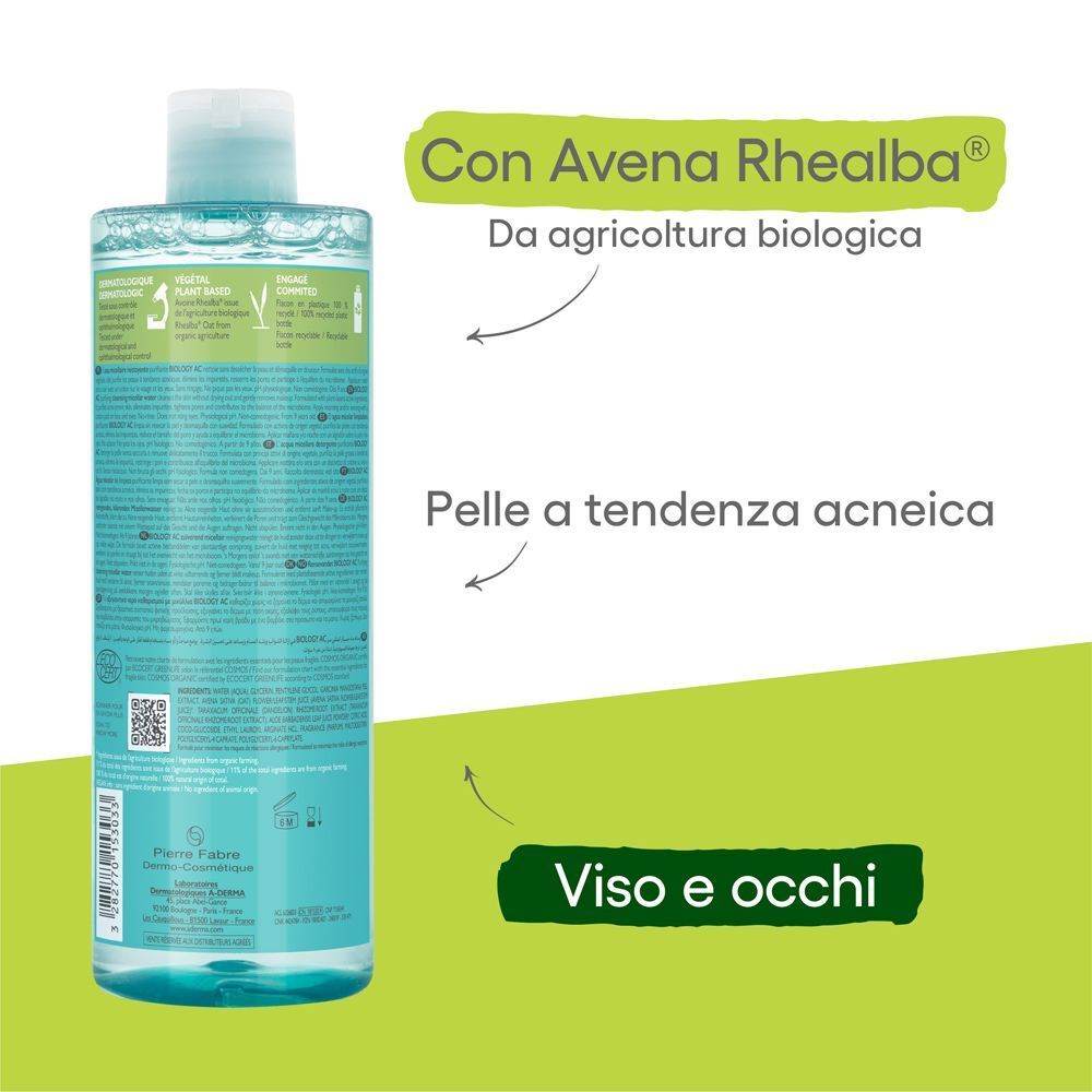 A-Derma Biology AC Acqua micellare detergente 400ml - Pelle grassa a tendenza acneica, Rimuove il trucco, deterge e restringe i pori