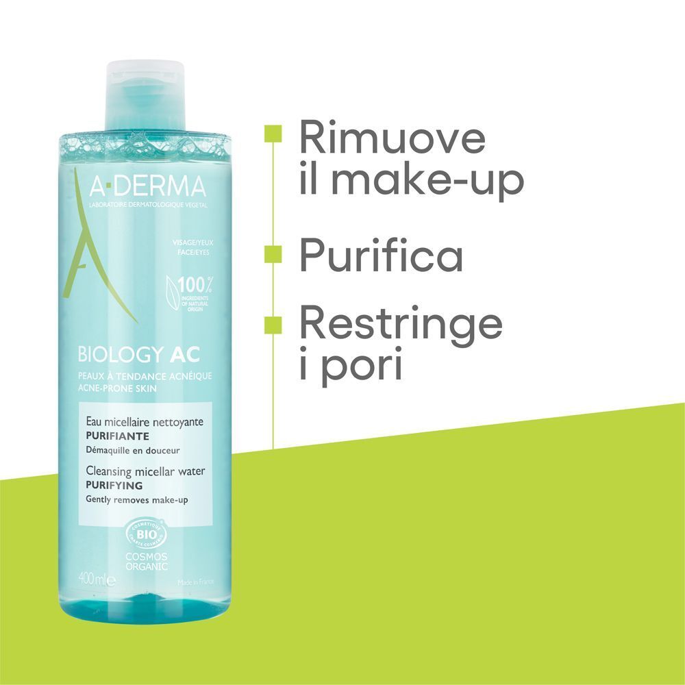 A-Derma Biology AC Acqua micellare detergente 400ml - Pelle grassa a tendenza acneica, Rimuove il trucco, deterge e restringe i pori