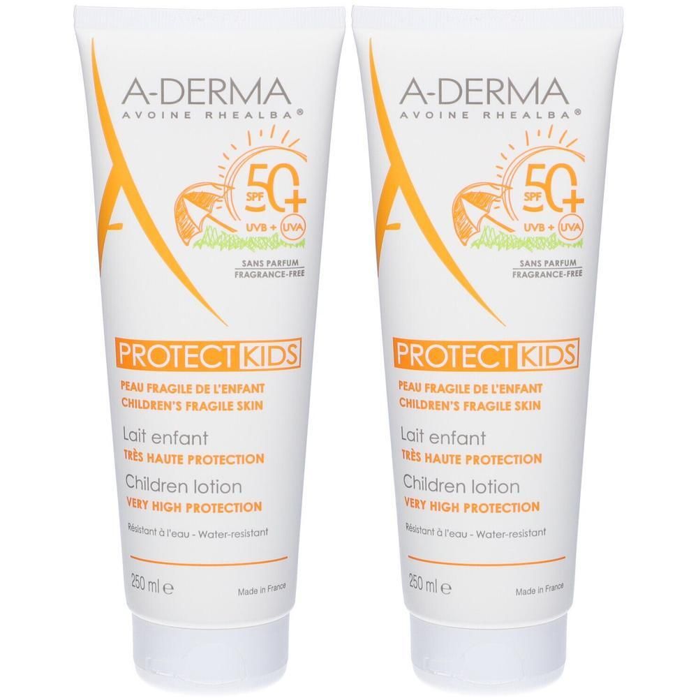 Due tubi di lozione A-Derma Protect Kids. Tubi bianchi con design arancione e scritta SPF 50+. Testo: Protect Kids, Children lotion.