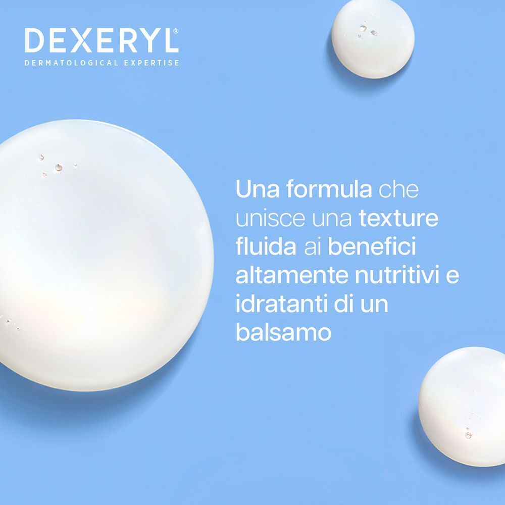 Tre forme rotonde bianche su sfondo blu. Testo: Una formula che unisce una texture fluida ai benefici altamente nutritivi e idratanti.