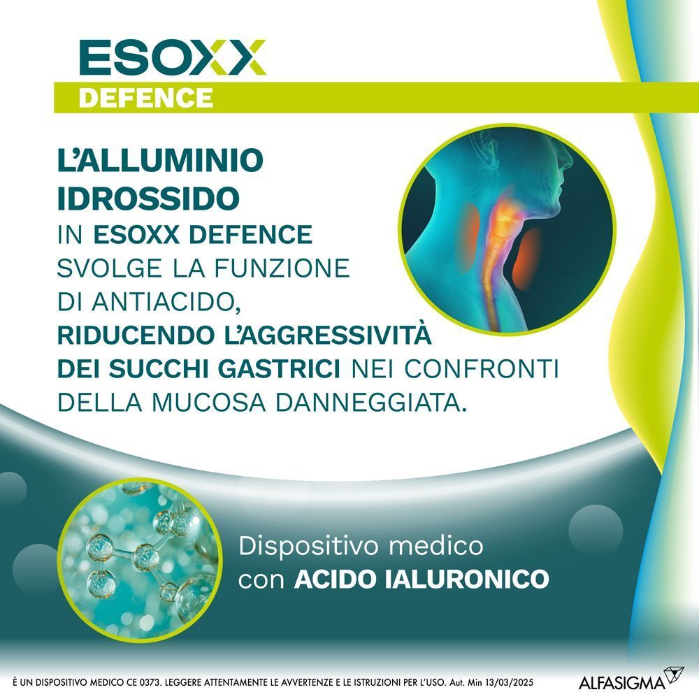 Pubblicità Esoxx Defence. Testo: Esoxx Defence. Illustrazione della gola. Testo: Acido ialuronico.