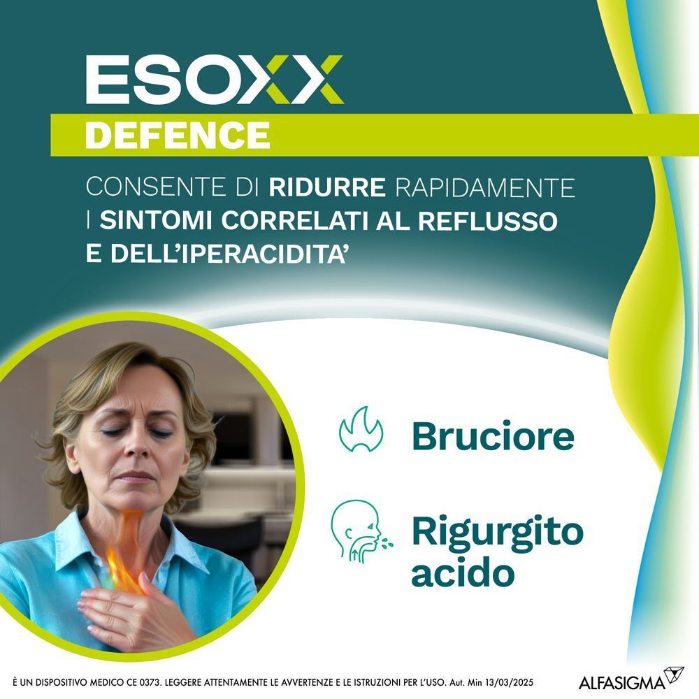 Pubblicità Esoxx Defence. Donna con gola. Testo: Esoxx Defence. Testo: Bruciore, rigurgito acido.