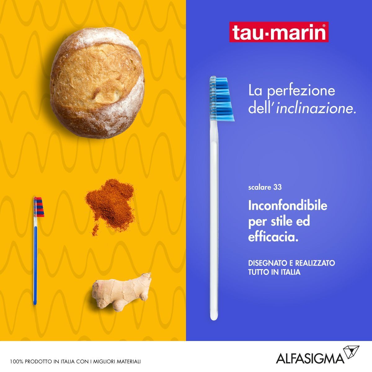 Spazzolino bianco con setole bianco-blu e manico blu.
