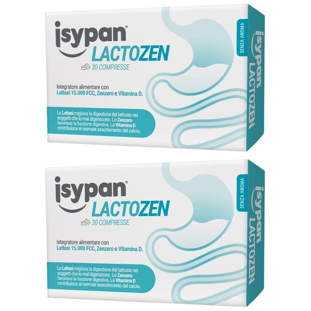 Due confezioni di Isypan Lactozen da 30 compresse. Contiene lattasi, zenzero e vitamina D.