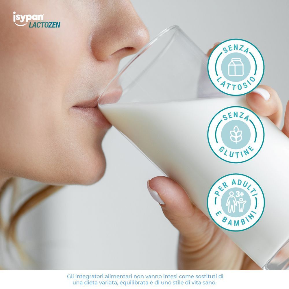Donna beve latte. Isypan Lactozen: Senza lattosio, senza glutine. Per adulti e bambini da 3 anni.
