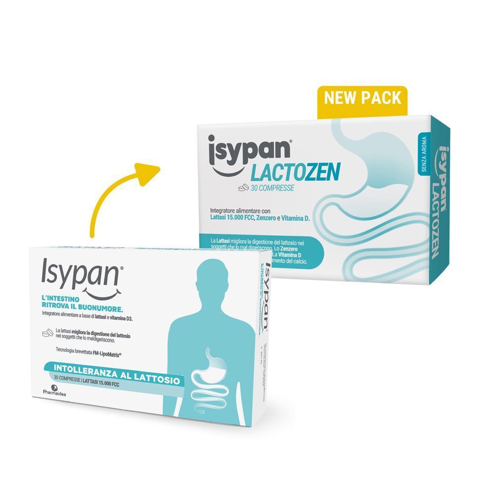 Nuova confezione Isypan Lactozen 30 compresse. Lattasi, zenzero, vitamina D per la digestione.