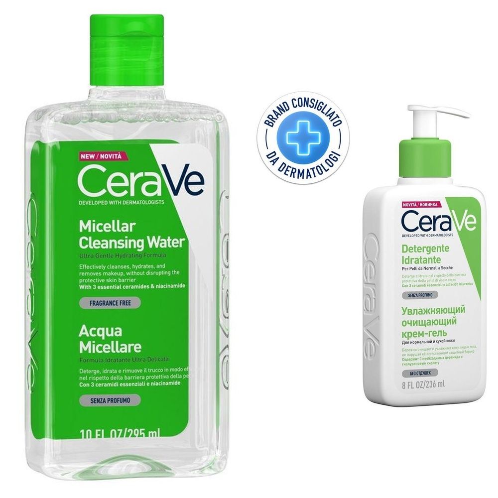 CeraVe Acqua Micellare, con 3 ceramidi essenziali: idrata, strucca ed aiuta il ripristino della barriera cutanea Per tutti i tipi di pelle 295ml + CeraVe Detergente Idratante Viso Pelle da Normale a Secca, con acido ialuronico e ceramidi 236 ml