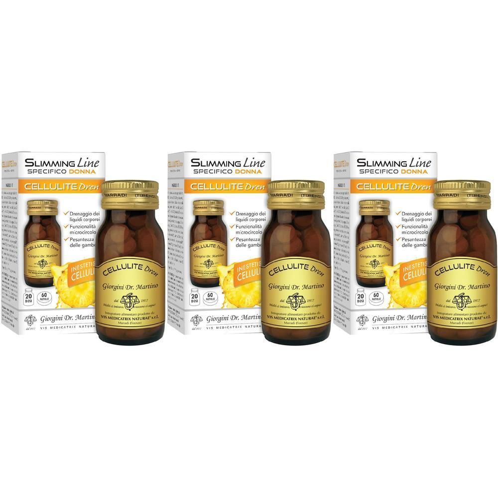Tre confezioni di Cellulite Dren da 60 pastiglie. Flaconi in vetro marrone con tappo dorato.