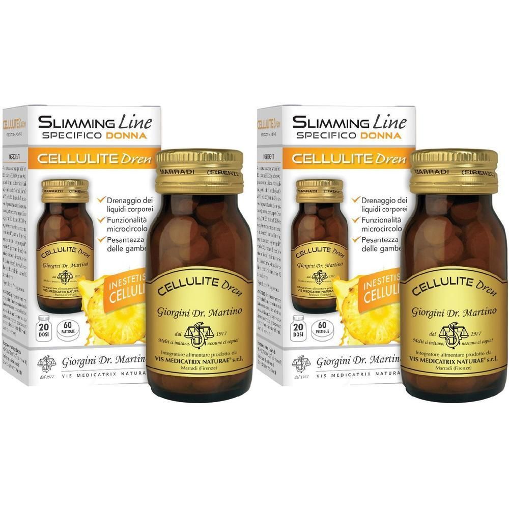 Due confezioni di Cellulite Dren da 60 pastiglie. Flaconi in vetro marrone con tappo dorato.