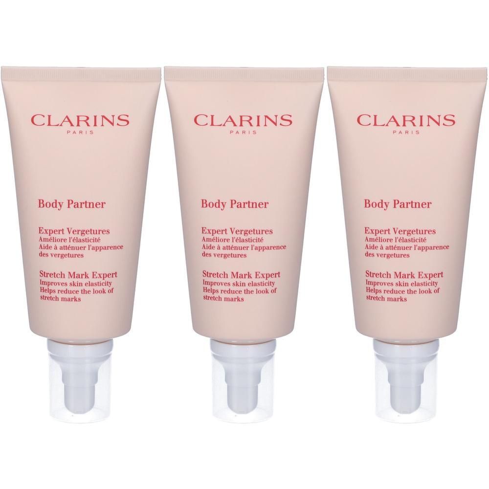 Tre tubi di crema Clarins Body Partner Esperto Smagliature con erogatori a pompa.