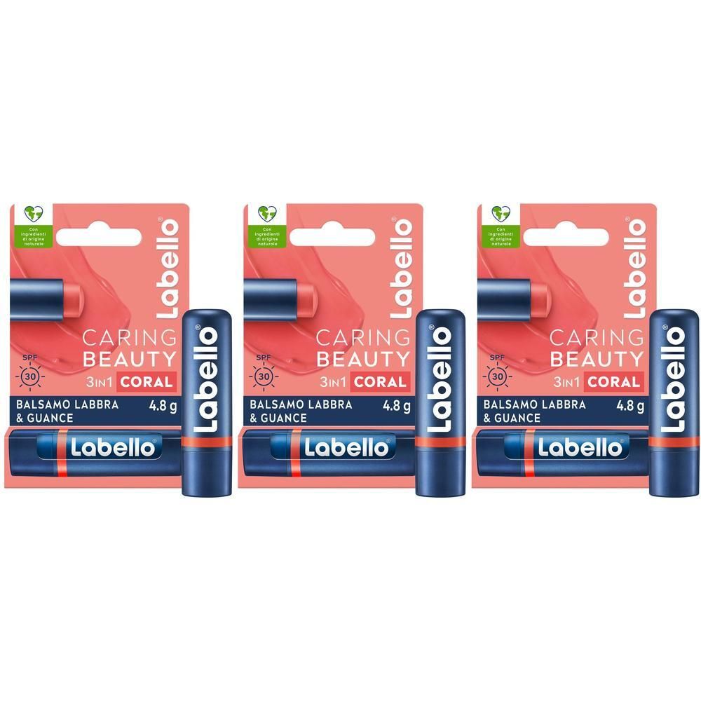 Tre stick Labello corallo per labbra con SPF 30, in confezioni singole.