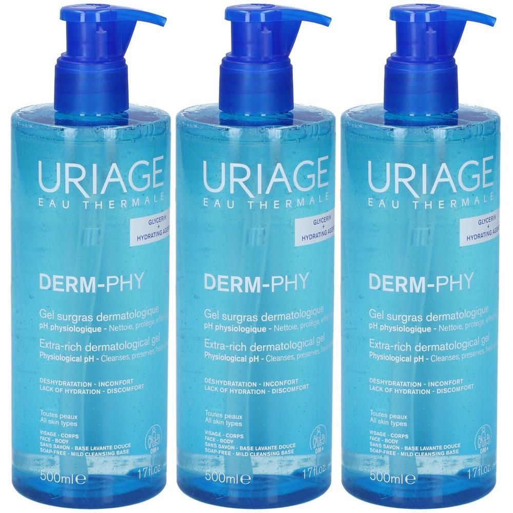 Tre flaconi da 500ml di Gel Derm-Phy Uriage Eau Thermale con dispenser blu.