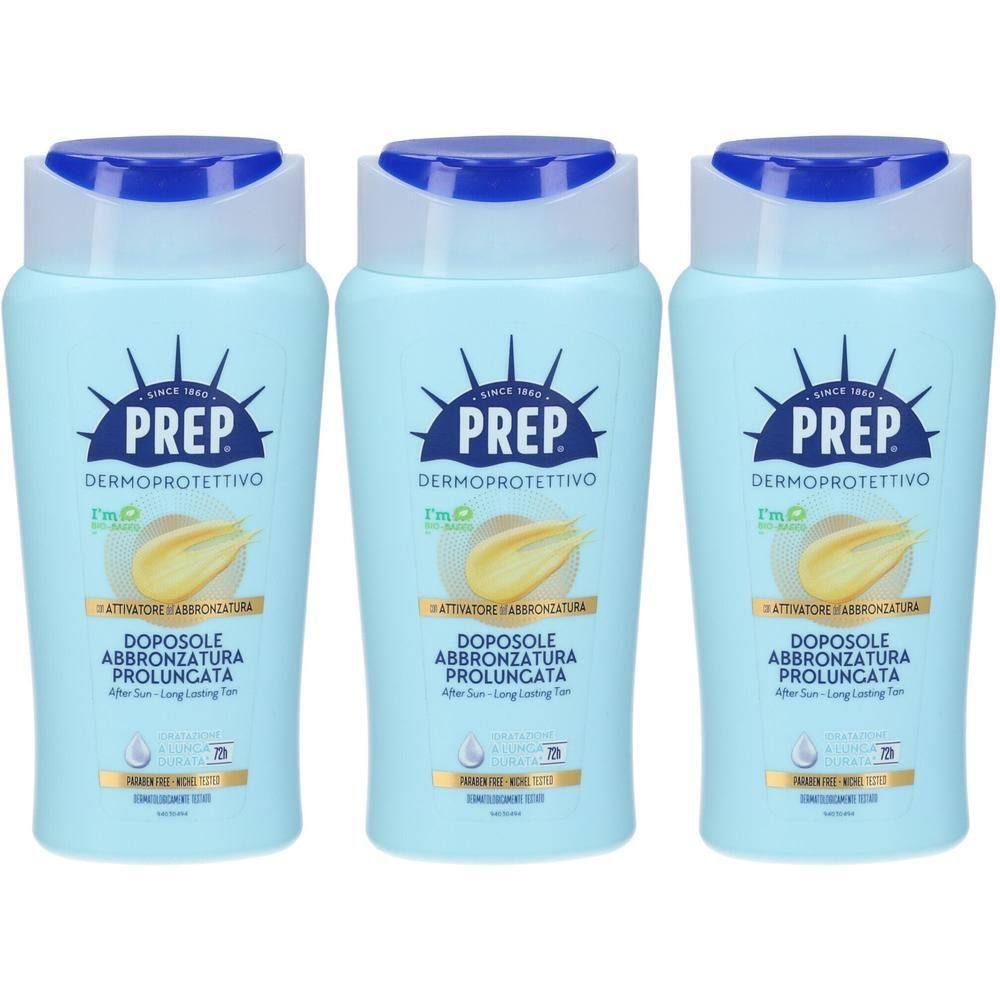 Tre flaconi azzurri Prep Dermoprotettivo con tappo blu. Simbolo del sole e testo sull'etichetta.